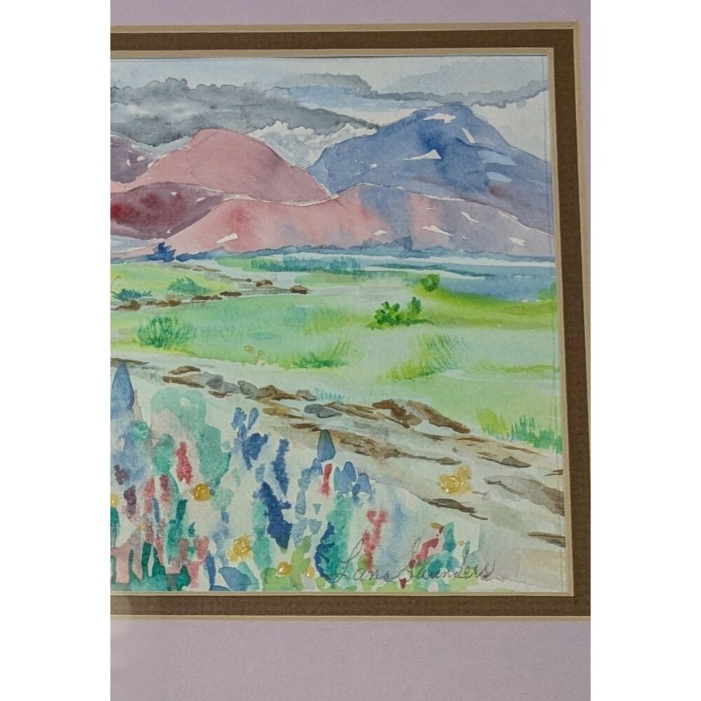 Framed Watercolor Landscape Painting Lavender Mat Rose-Gold Frame signed - Picture 7 of 15